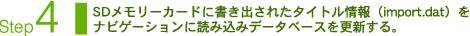Step4：SDメモリーカードに書き出されたタイトル情報（import.dat）をナビゲーションに読み込みデータベースを更新する。