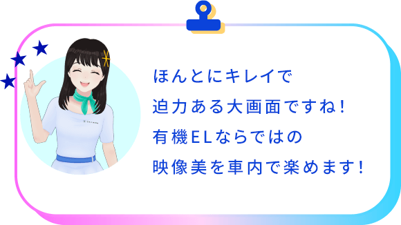 ほんとにキレイで迫力ある大画面ですね！ 有機ELならではの映像美を車内で楽めます！