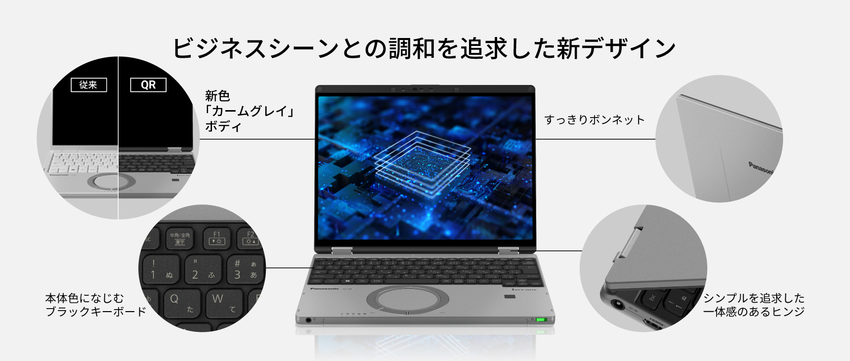 新色「カームグレイ」ボディ、すっきりボンネット、シンプルを追求した一体感のあるヒンジ、本体色になじむブラックキーボード
