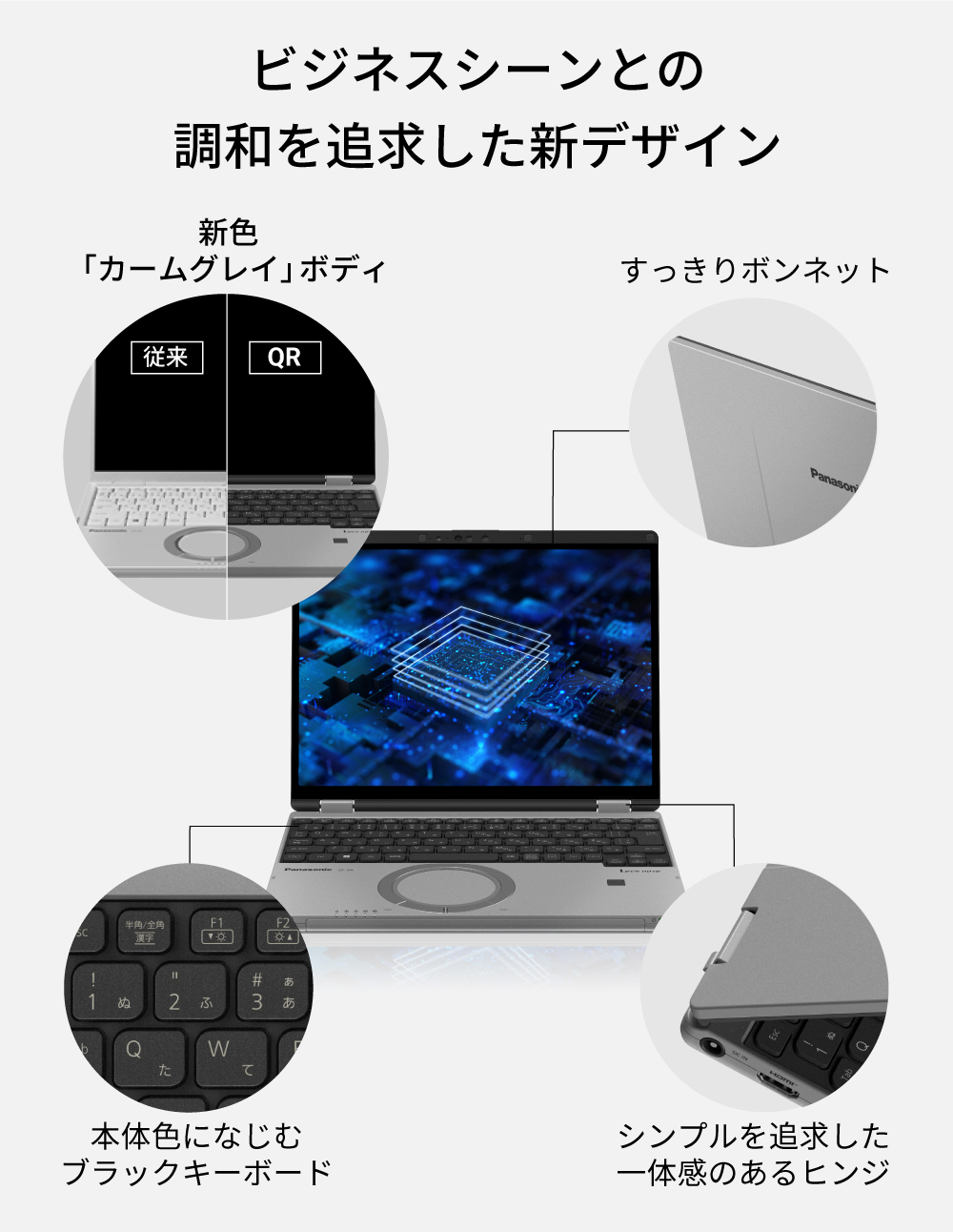 新色「カームグレイ」ボディ、すっきりボンネット、シンプルを追求した一体感のあるヒンジ、本体色になじむブラックキーボード