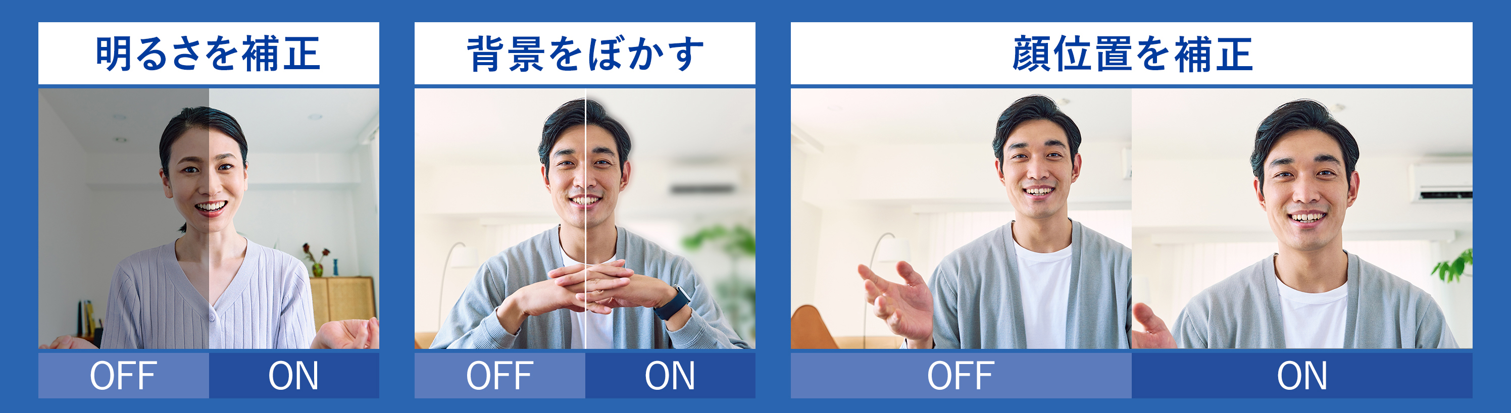 明るさを補正、背景をぼかす、顔位置を補正